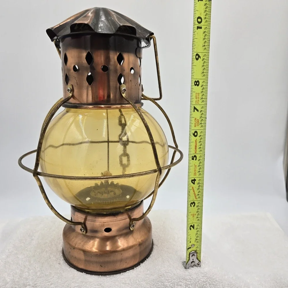 Vintage Copper Hanging Kerosene Oil Lamp Orange Amber Glass Globe Sea World